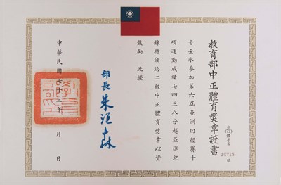 古金水1984年二級中正體育獎章證書