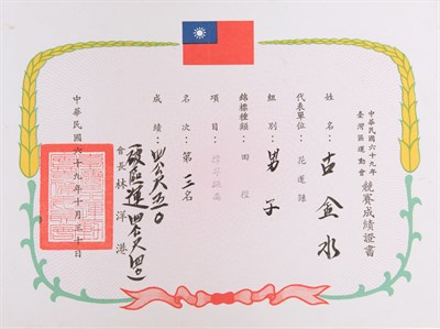 古金水「1980年臺灣區運動會」「撐竿跳高」第3名證書