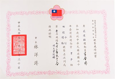 古金水「1981年臺灣區運動會」「十項運動」第1名證書