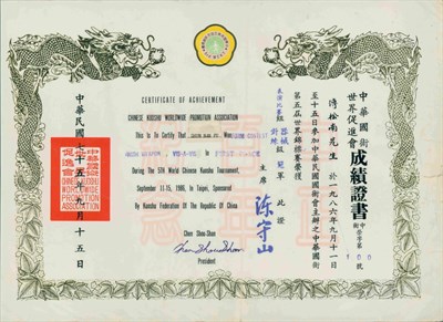 傅松南1986年中華國術世界促進會成績證書
