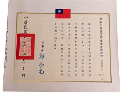 陳秀雄1987年一等二級體協獎章獎狀