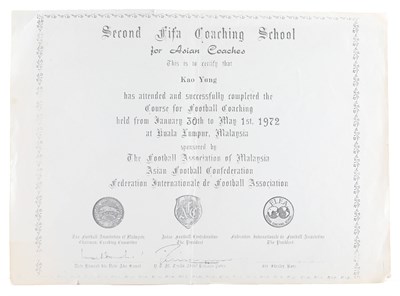高庸1972年第2屆FIFA亞洲教練訓練課程證書